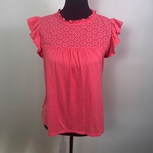 Loft Outlet Coral Pink Eyelet Lace Ruffle Cap Sleeve Tie Back Top, Size Small